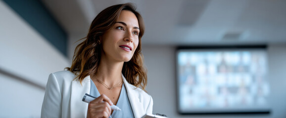 Confident businesswoman holding marker and clipboard in modern with blurred presentation screen in background