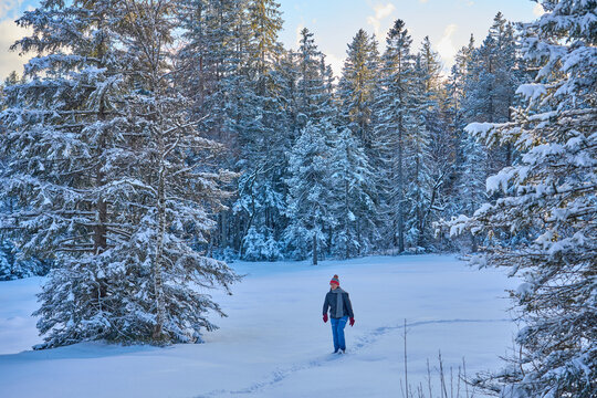 Active senior woman hiking in snowy winter landscape at sunset in the Bregenzerwald, Vorarlberg, Austria