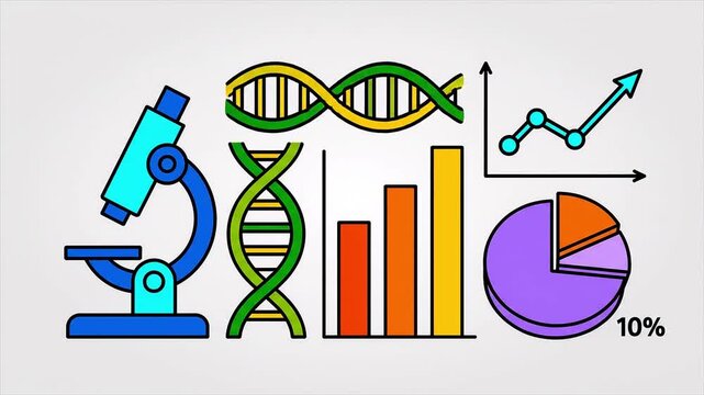 scientific conference like DNA, microscope, and data charts Flat 2D vector outline illustration animation
