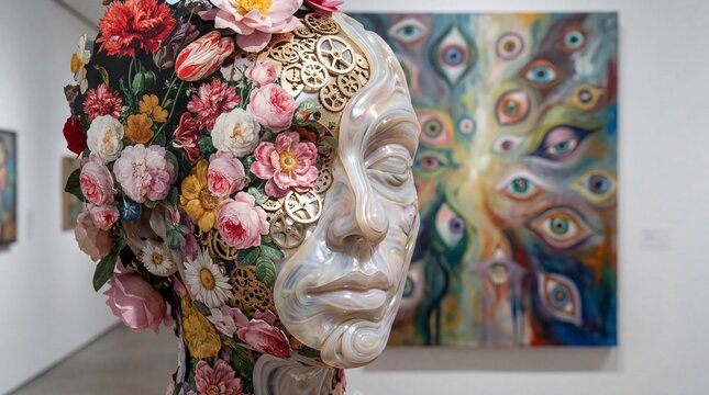 Floral sculpture surreal face metallic gears colorful flowers abstract art creative design gallery modern intricate imaginative vibrant emotional - Powered by Adobe