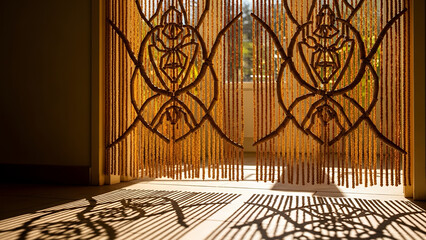 Bamboo beaded curtains in sunny yellow hues creating a bright and cheerful atmosphere in any room