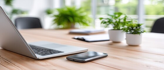 Close-up of a smartphone on a desk with a laptop and mouse in a bright office filled with greenery and sunlight filtering through the window