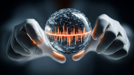 A glowing digital sphere held between two hands representing global health data analysis and biometric signal monitoring.
