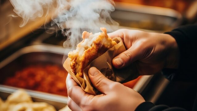 Hands holding hot steaming panzerotti or calzone.