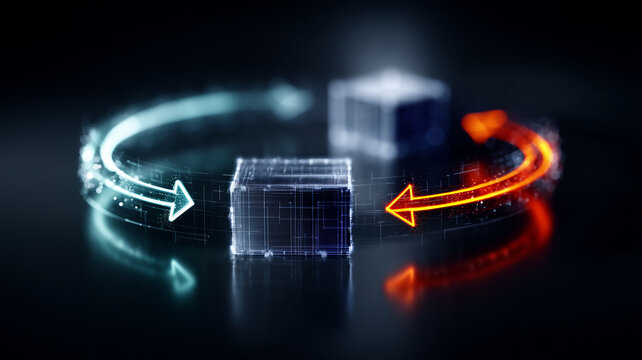 Digital data exchange concept showing a central block with opposing directional arrows symbolizing bidirectional information flow and system interaction.
