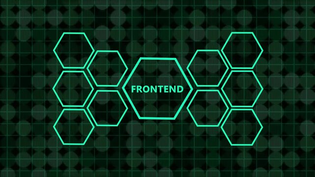 Abstract concept of frontend development with glowing blue hexagonal icons representing ideas, teamwork, goals, finance, analysis, and support on a dark digital background