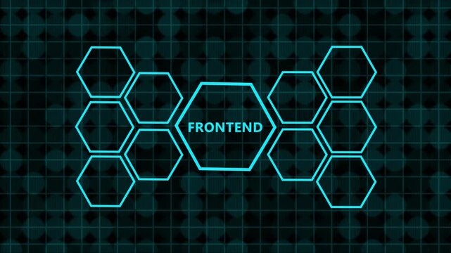 Abstract concept of frontend development with glowing blue hexagonal icons representing ideas, teamwork, goals, finance, analysis, and support on a dark digital background