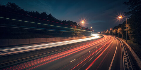 Night highway traffic light trails with long exposure motion effects