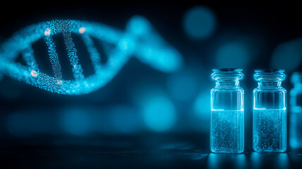 Glass laboratory vials with liquid samples alongside a DNA helix representing biotechnology medical research and genetic science.