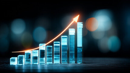 Transparent glass bars forming an upward chart with an arrow representing business growth financial performance and success.
