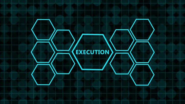 Business execution concept with glowing neon blue icons in hexagons on a dark digital background, symbolizing strategy implementation, teamwork, goal setting, and growth
