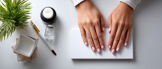Close-up of female hands with light pink manicure resting on white surface surrounded by beauty accessories and green plant