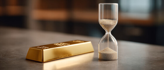Close-up of gold bar and hourglass on reflective surface symbolizing wealth and the passage of time in a blurred background setting