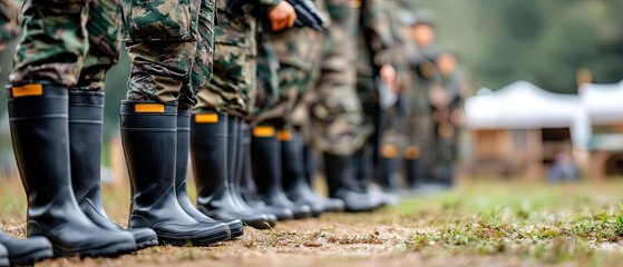 Soldiers stand in formation wearing camouflage uniforms and black boots near training equipment during combat drills on grass