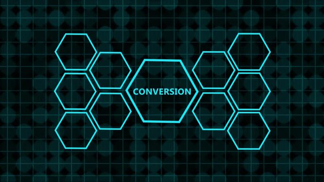 Digital concept of data conversion process represented by glowing green hexagons on a dark, futuristic grid background, symbolizing technology and transformation