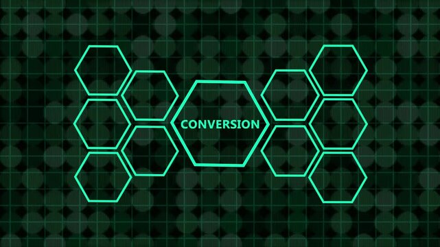 Digital concept of data conversion process represented by glowing green hexagons on a dark, futuristic grid background, symbolizing technology and transformation