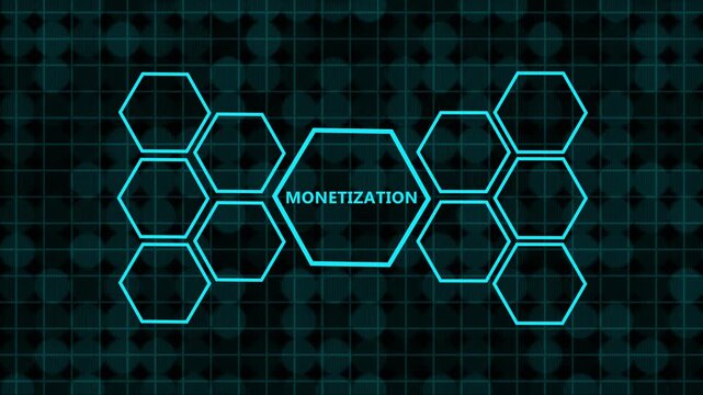 Digital concept of monetization strategy with connected hexagonal icons representing business ideas, teamwork, investment, growth, target achievement, and customer support on a dark green technologica