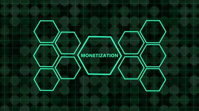 Digital concept of monetization strategy with connected hexagonal icons representing business ideas, teamwork, investment, growth, target achievement, and customer support on a dark green technologica