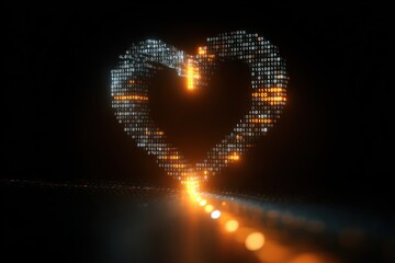 Glowing digital heart shape composed of binary code streams across a dark surface