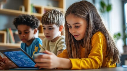 Young students in a classroom setting diligently focusing on programming concepts displayed on a digital tablet screen during an interactive educational technology lesson for elementary learners