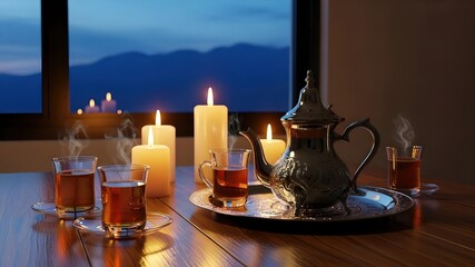 Traditional Arabic Tea Set: Silver teapot and glasses on wooden table, lit candles, evening mountain view through window, cozy atmosphere, Islamic hospitality, iftar and Ramadan concept