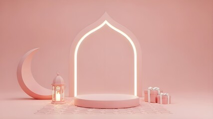 Islamic Product Podium Scene: Pink cylindrical pedestal under an illuminated archway, crescent moon, hanging lantern, gift boxes, Ramadan and Eid Mubarak showcase concept