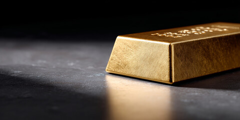 Close-up of a shiny gold bar resting on a dark textured surface with dramatic lighting highlighting its metallic texture and edges