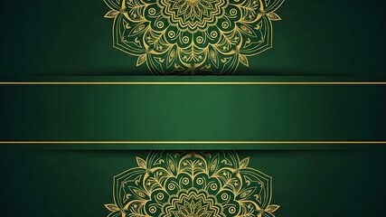 Luxury Green Mandala Banner: Dual golden intricate floral ornaments on deep emerald green background, central copy space, elegant Islamic template, premium branding and invitation concept