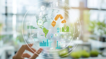 Business professional interacting with a glowing holographic projection displaying global environmental data charts including a map of the Americas and a prominent recycling symbol for sustainability 
