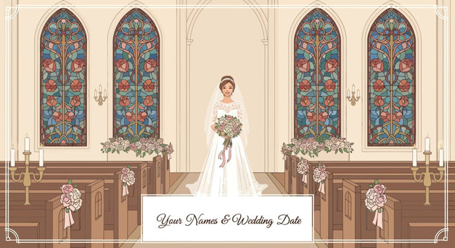 Bride standing alone in church aisle.