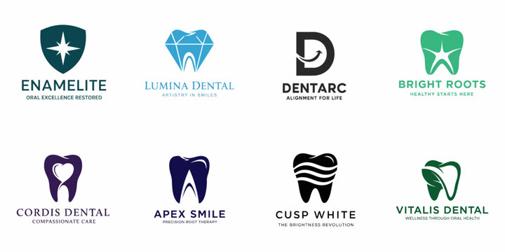 Eight modern and professional dental and oral health care logo templates featuring tooth, shield, diamond, and abstract designs for branding purposes.