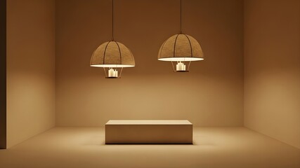 Minimalist Interior Product Stage: Rectangular concrete podium in a warm beige room, two hanging dome pendant lights with candles, serene studio environment, modern architectural display concept
