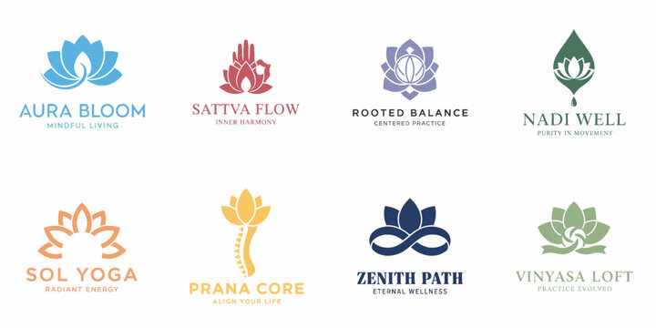 A collection of professional logo designs for yoga studios, wellness centers, and holistic health brands featuring abstract lotus flowers and spiritual symbols.