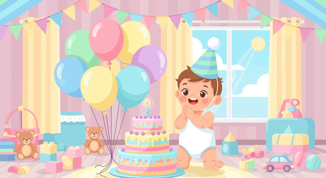 Happy Toddler in Diaper Celebrating Birthday.