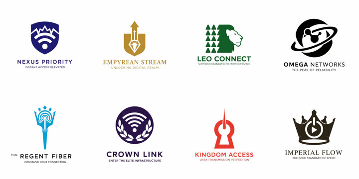 Collection of eight elite technology and network logo concepts featuring connectivity, speed, security, and royal/premium themes on a white background.