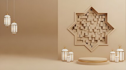 Modern Islamic Geometric Display: Beige room with star shaped wall niche, hanging and floor lanterns, cylindrical podium, Ramadan and Eid product showcase concept
