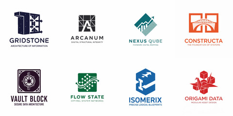 A collection of eight modern, geometric logo templates for technology, engineering, data security, and architectural firms on a white background.