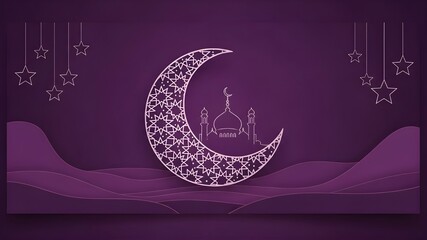 Purple Ramadan Line Art Greeting: Ornate outline of a crescent moon with mosque silhouette, hanging stars on layered purple waves, creative Islamic holiday card, religious faith concept