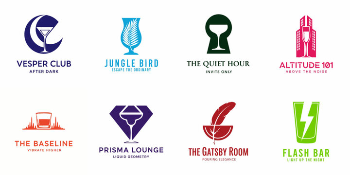 A collection of eight modern and creative logo designs for bars, cocktail lounges, and nightclubs, featuring abstract glassware and symbolic elements.