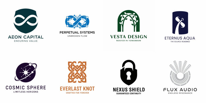 Collection of eight professional business logo concepts representing infinity, technology, nature, security, audio, and cosmic themes for modern corporate identity.