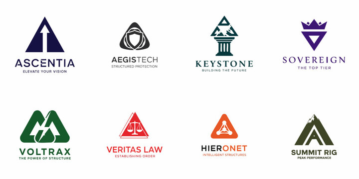 A collection of eight professional, modern, and geometric logo designs featuring triangle shapes to symbolize structure, ascent, stability, and authority for various corporate sectors.
