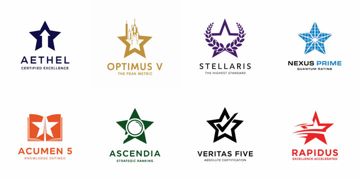 Collection of eight modern star-themed logo templates for business, rating, ranking, excellence, and certification, featuring diverse symbols like arrows, charts, and checkmarks.