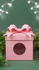 Pink gift box with ribbon and oval window on green background