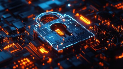Glowing digital padlock icon illuminated with bright blue and orange light rests upon a complex dark circuit board representing advanced data protection and cybersecurity concepts in technology