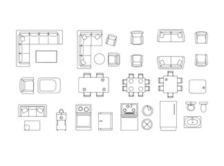 Fototapeta premium Interior Design Furniture Icons – Top View Thin Line Floor Plan Symbols