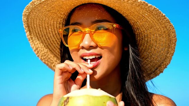 Video, close-up, Asian woman in beachwear enjoying young coconut, vacation, lifestyle, Gen Z 