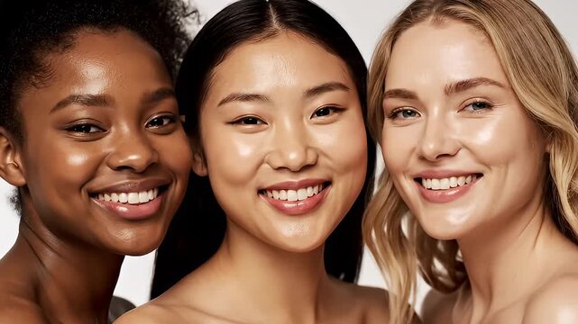 Diverse group of women smiling and showing healthy skin.