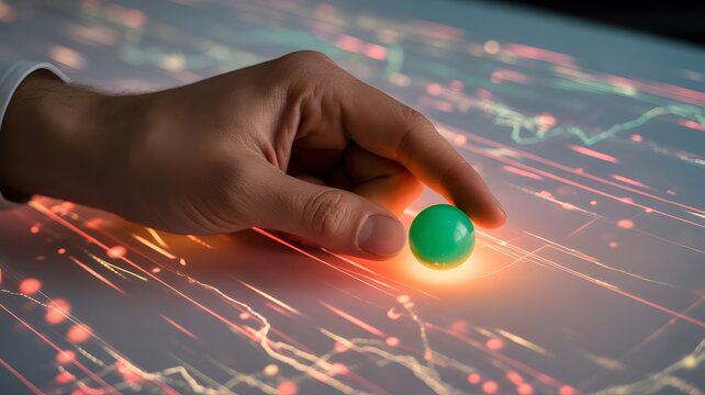 Businessman analyzing data with glowing green sphere on interactive screen - Powered by Adobe
