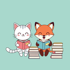 Cat and Fox Reading Books Together