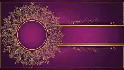 Luxury Purple Mandala Template: Golden intricate circular ornament on deep violet background, elegant border frame with copy space, royal Islamic branding and wedding invitation concept